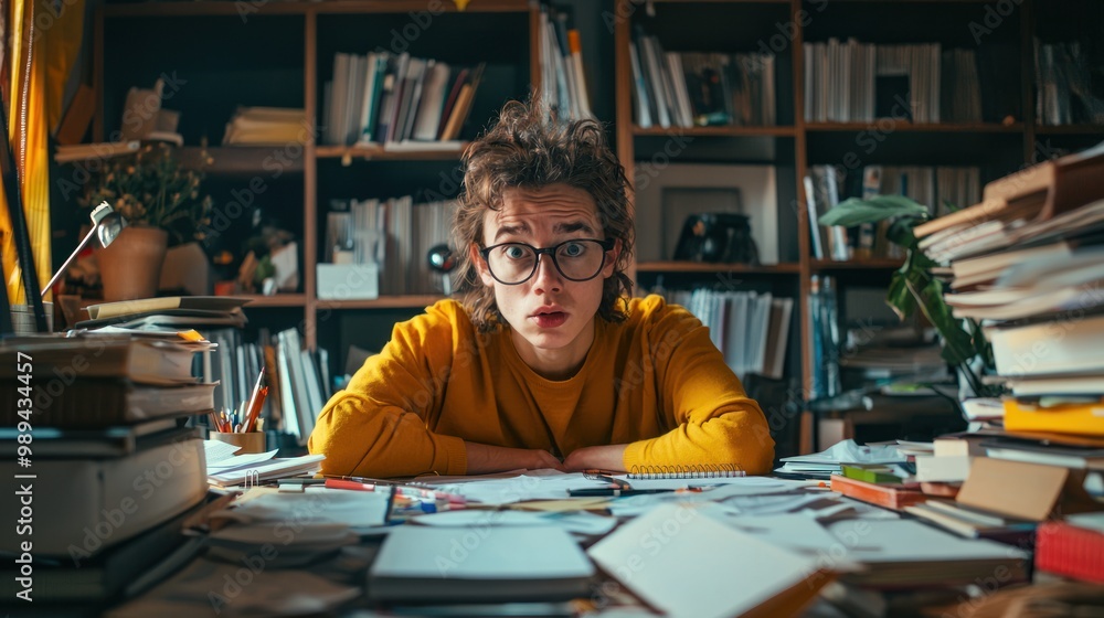Poster a person staring at a cluttered desk with a frustrated expression, symbolizing aggravation from diso