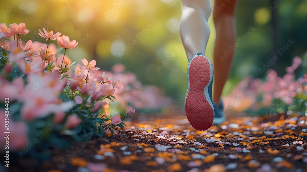 Wall mural jogger running on trail surrounded by flowers