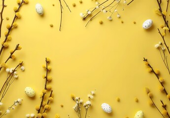 Fototapeta premium Happy Easter Background with Willow Branches, Eggs, and Flowers