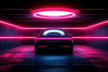 Futuristic car in a neon-lit parking garage, dramatic lighting and ambiance.