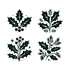 A set of Christmas Holly decorations with a green leaf silhouette vector art illustration isolated on a white background