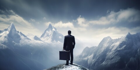 Businessman wearing formal suit and holding suitcase, standing on the mountain