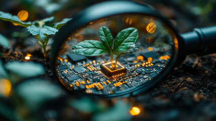 Magnifying glass revealing plant sprouting from circuit board
