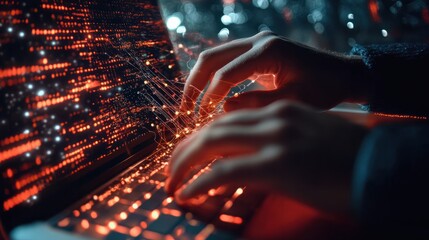 Close-up of a software engineer's hands working on a laptop with a digital overlay of global connections and binary code, showcasing the integration of advanced technology in IT support