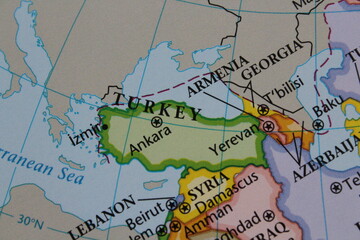 close up of the country of Turkey viewed on a wold map as a travel concept. Turkey on a map
