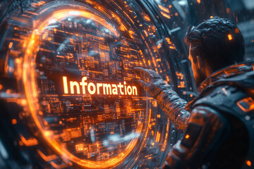 A futuristic screen showing "Information" surrounded by encrypted data streams and digital vault icons.