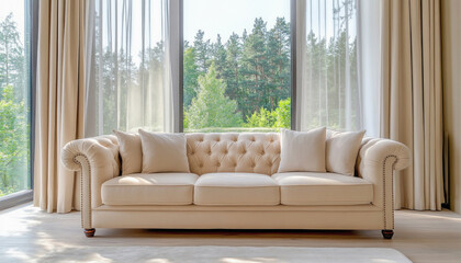 Elegant sofa standing in front of large windows overlooking a green forest