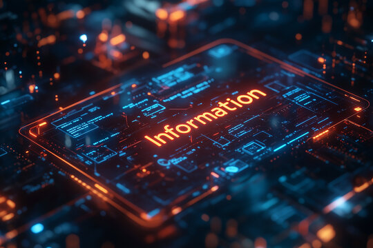 "Information" etched into a tablet surrounded by floating data files and secure email icons.