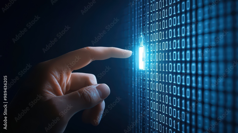 Poster hand interacting with digital binary data on a futuristic screen.