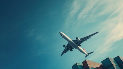 Airplane Taking Off Over Cargo Containers