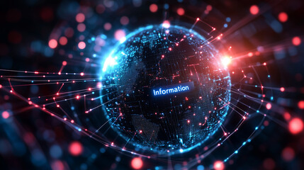 "Information" set against a glowing globe surrounded by data lines, representing global information systems.