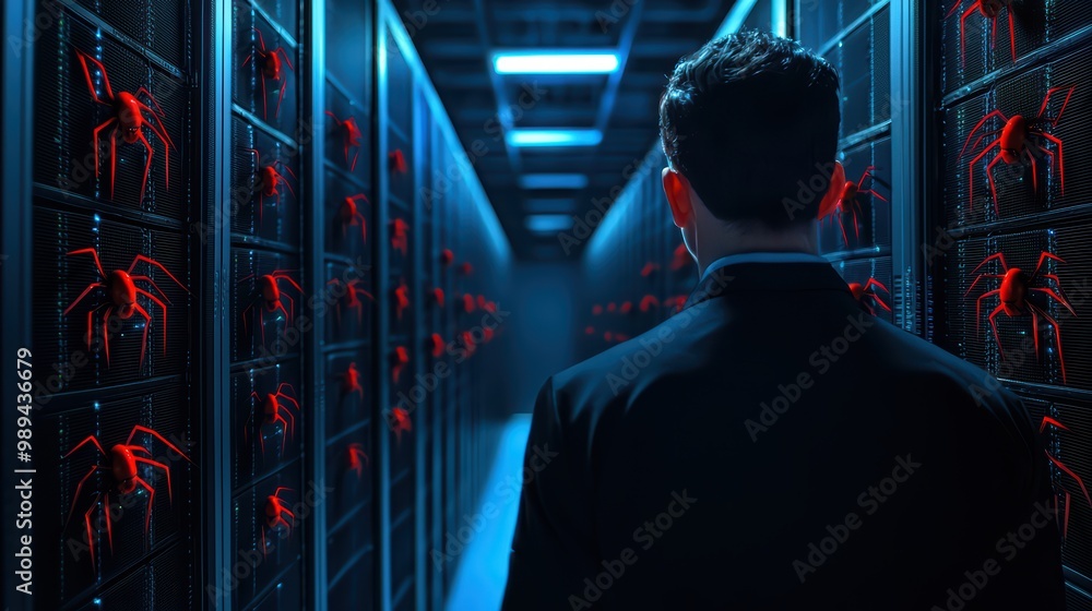 Poster man in suit observing futuristic data center with red illuminated servers.