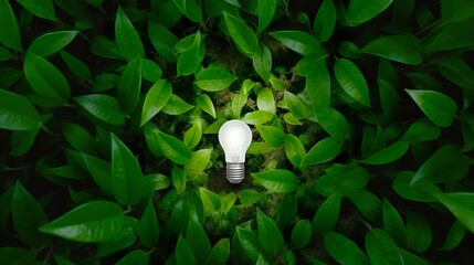 A light bulb surrounded by vibrant green leaves on a dark background