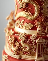 Fototapeta premium A red and gold cake with a dragon on it