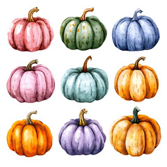 Set of colorful watercolor autumn pumpkins for Halloween 
