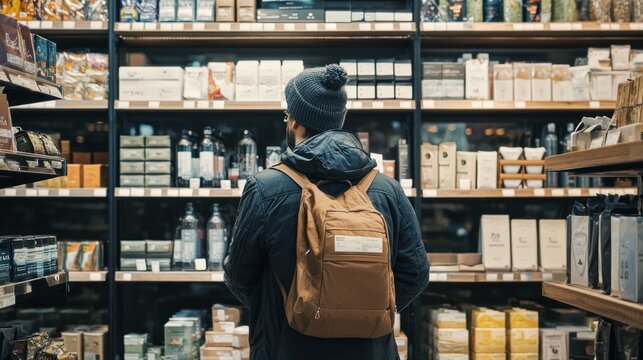 a person selecting products in a store that match their style, showcasing affinity for particular brands or aesthetics