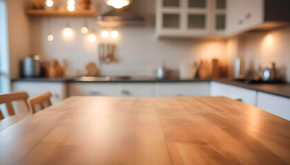 Wooden board empty table with kitchen blurred background