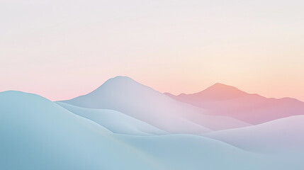 Dreamy pastel-colored mountain background at sunrise, featuring soft layers of blue and pink hues, perfect for creating a peaceful and serene backdrop.