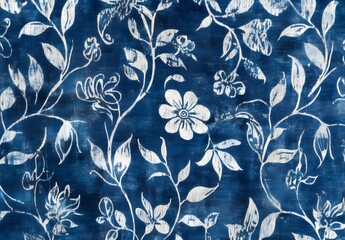Vintage Indigo Blue Floral Batik Fabric