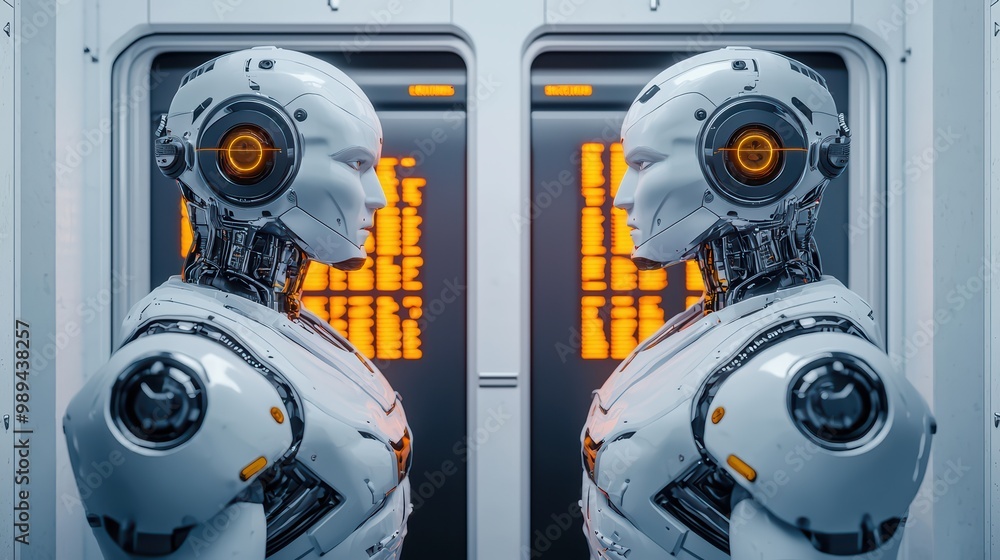 Poster two futuristic robots facing each other in a high-tech environment.