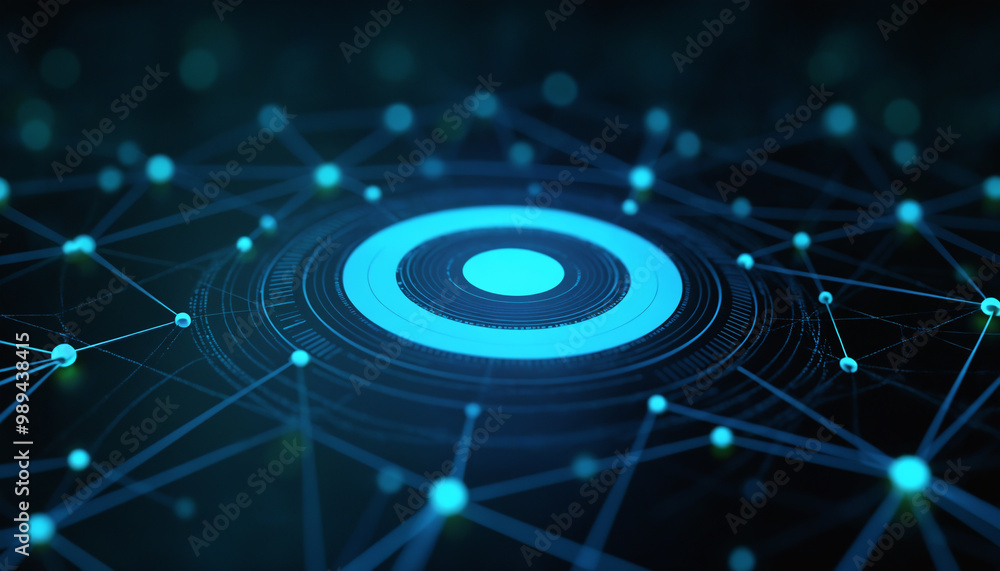 Poster target icon with network integration: a target icon connected within a digital network, symbolizing 