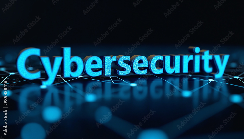 Poster cybersecurity word with digital network: the phrase cybersecurity within a connected digital network