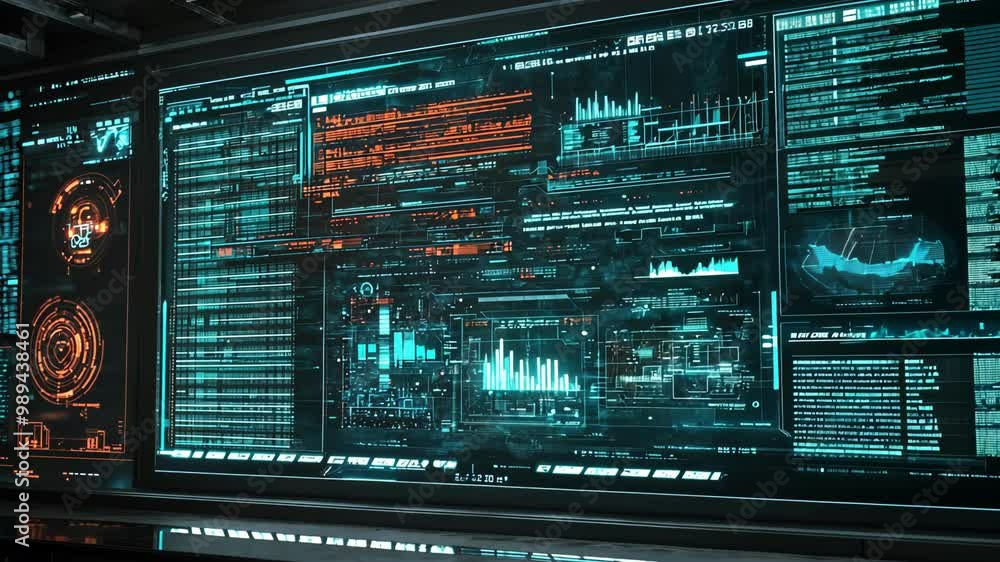 Poster a large screen displays complex data in a futuristic control room
