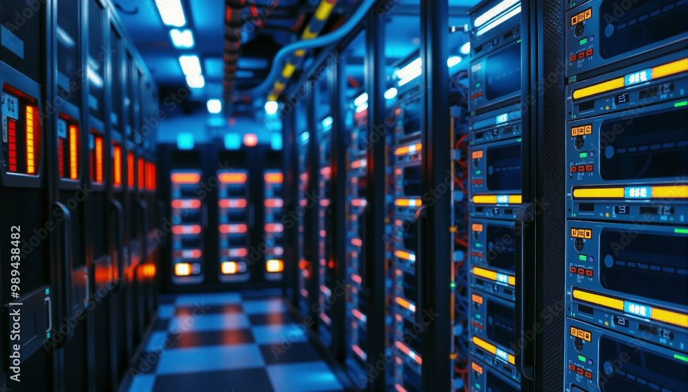 Poster the image shows a row of servers in a data center with black and white checkered floor and bright li