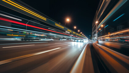 Fototapeta premium Long exposure shot of a city street at night, with vehicles on the road, light poles, and buildings in the background.
