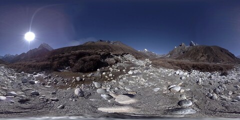 4K VR of Dingboche and Pheriche village in Nepal, basic point of everest base camp track. EBC. Buddhist stupa on mountain trekking path in Himalayas.