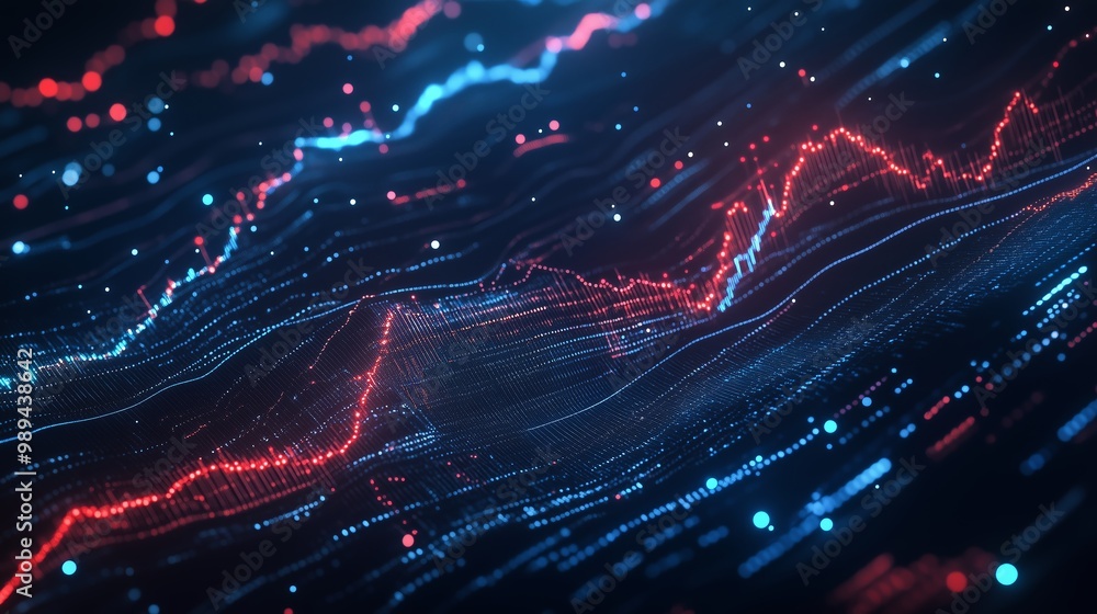 Poster colorful abstract digital wave patterns representing fluctuating data trends in a futuristic environ