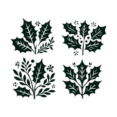 Fototapeta premium A set of Christmas Holly decorations with a green leaf silhouette vector art illustration isolated on a white background