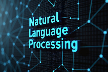 The words Natural Language Processing in bold, bright blue letters on a dark background, surrounded by a network of lines and dots, symbolizing the technology behind language AI.