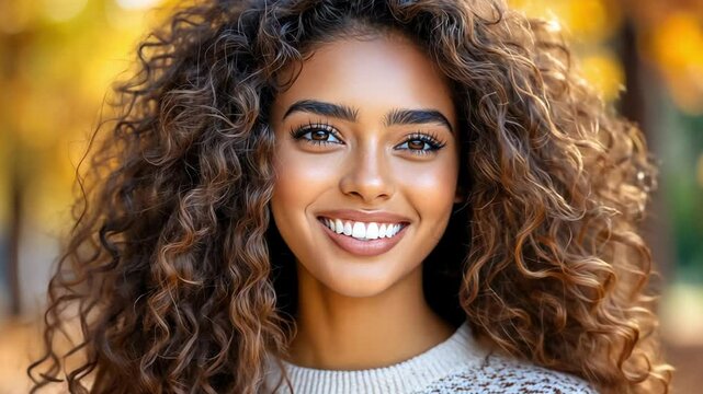 A young woman with voluminous curly hair beams with joy in an autumn park, surrounded by colorful foliage as the sunlight creates a warm glow.