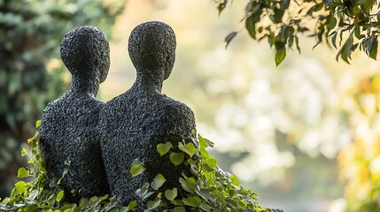 Unity of Art and Nature: Stone Statues with Human Silhouettes Embraced by Ivy in Serene Garden Setting