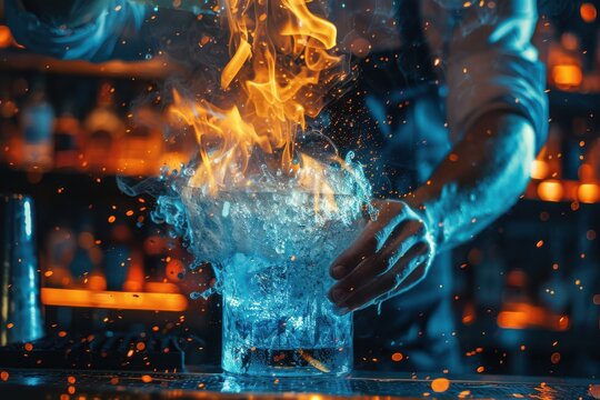 A bartender is making a drink with a fire element
