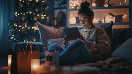 Cozy Home Browsing Click Frenzy Deals on Tablet with Holiday Decor and Shopping Bags