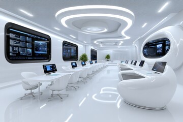 A 3D-rendered classroom in a futuristic school, with sleek, modern furniture and advanced technology integrated into every aspect of learning