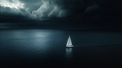 Serene Sailboat on Calm Waters with Distant Storm Approaching