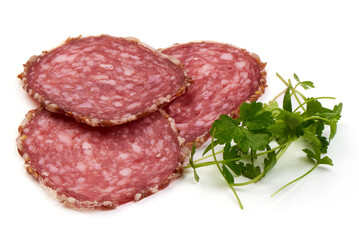 Salami smoked sausage, isolated on white background