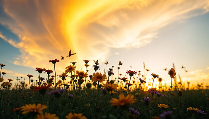 A Serene Landscape with Butterflies