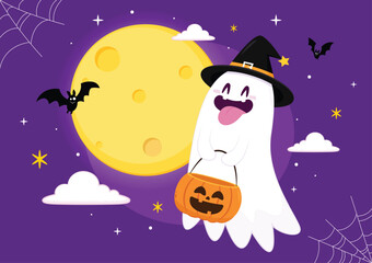 Fototapeta premium Cute ghost floating with Halloween pumpkin basket for Trick or Treat. Funny spooky boo character. Spook phantom with happy smiling face expression. Isolated kids flat vector illustration.
