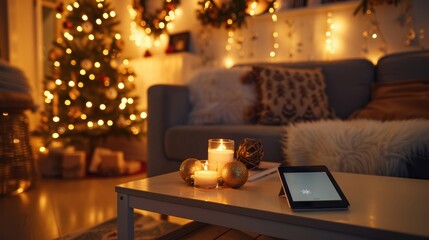Festive Living Room with Tablet Displaying Black Friday Deals on Home Decor for Christmas Holiday