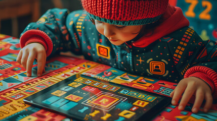 Fototapeta premium A young child in a colorful outfit focuses on an educational game on a tablet, surrounded by vibrant letters and numbers, promoting learning and fun