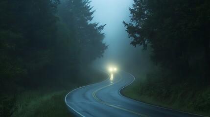 Fototapeta premium Mysterious Journey: Car Headlights on Winding Forest Road in Foggy Night