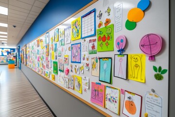 A classroom with a bulletin board full of student projects, showcasing colorful drawings and written assignments
