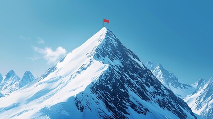 Serene Winter Landscape with Snow-Covered Mountain Peak and Red Flag at Summit