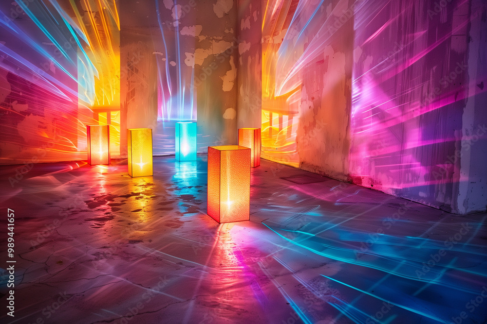 Poster empty scene of a show with lanterns and concrete floor, abstract background lights, rays. background