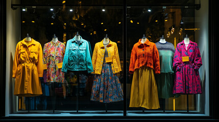 Fototapeta premium Elegant autumn fashion display with colorful dresses and coats in a boutique window, illuminated by soft evening lights, reflecting the chic urban city vibe