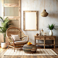 Home interior, rustic room with old rattan furniture and ethnic decor, blank wall mockup, 3d render, white Mock up frame